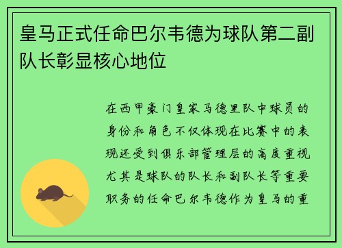 皇马正式任命巴尔韦德为球队第二副队长彰显核心地位 皇马正式任命巴尔韦德为球队第二副队长彰显核心地位